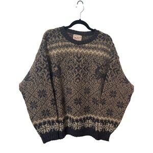Woolrich Mens XL Vintage Wool Blend Fair Isle Snowflake Crewneck Sweater Brown